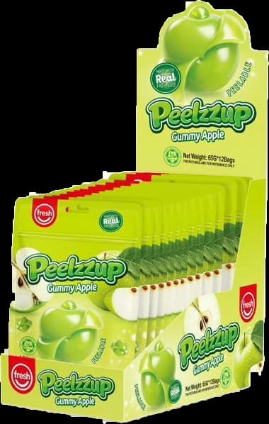 Peelzzup Gummy Apple retail display case, 65g × 12 bags